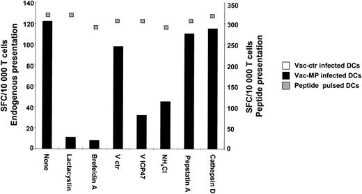 Figure 2. Endogenous MP presentation. Immature HLA A*0201+ DCs were infected with Vac-ctr or Vac-MP and treated simultaneously with cathepsin D (1 μM), pepstatin A (200 μM) or NH4Cl (50 μM), brefeldin A (1 μg/mL), lactacystin (40 μM), or were previously infected with Vac-ctr or Vac-ICP47 (MOI 2). Noninfected DCs were incubated with MP peptide (100 nM) and the same dose of inhibitors. A maturation stimulus was given in the beginning of the incubation. All DC groups were fixed in glutaraldehyde and cultured with Flu16. Responses were assessed by IFN-γ ELISPOT. The left axis shows endogenous presentation and the right synthetic peptide presentation. One representative set of experiments of 3 is shown.