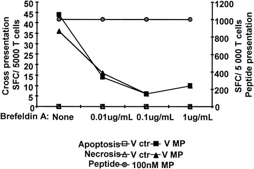 Figure 7. Cross-presentation is dependent on peptide loading and transport of newly synthesized MHC class I from the ER. Immature HLA A*0201+ DCs were cocultured for about 6 hours with apoptotic or necrotic monocytes expressing MP, or MP peptide and a maturation stimulus. Brefeldin A was added at increasing concentrations to the DCs. The ratio of dead cells to DCs was 2:1 and MP peptide concentration 100 nM. All groups of DCs were fixed by glutaraldehyde and cocultured with Flu16 and responses assessed by IFN-γ ELISPOT assay. The DC/T cell ratio was 4:1. One representative experiment of 4 is shown.
