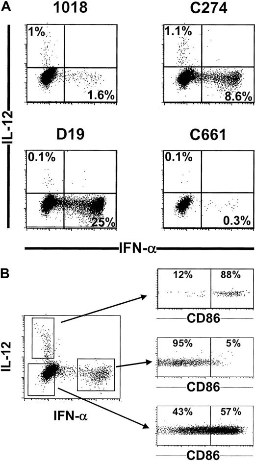 Figure 3. IFN-α and IL-12 are produced by different cells within the PDC population that are at a different stage of maturation. (A) Purified PDCs (105) were stimulated for 12 hours with CD40L-transfected L cells and various ISS 5 μg/mL) or (B) C274 only (5 μg/mL). Cells were then characterized for cytokine production by intracellular flow cytometry analysis. (B) In addition, cells were costained for CD86 expression. Representative results from 10 donors are shown.