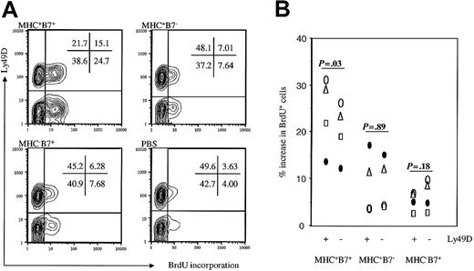 Figure 4. Preferential expansion of Ly49D+ NK cells in mice challenged with MHC+B7+ tumor cells. Mice were challenged with tumor cells and pulsed with BrdU as described in the legend to Figure 2. At 48 hours after tumor cell challenge, spleen cells were analyzed for NK cell subsets and BrdU incorporation. (A) Representative contour graphs from PBS control or tumor-challenged mice. Percentages of cells in the quadrants are presented in the panels. (B) Increase in percent of Ly49D+ and Ly49D- NK cells that were BrdU+ after tumor cell challenge. Data shown were percent of BrdU+ cells among spleen NK subsets from tumor cell-challenged mice minus the means of percent BrdU+ cells among spleen NK subsets in 4 PBS-treated mice.