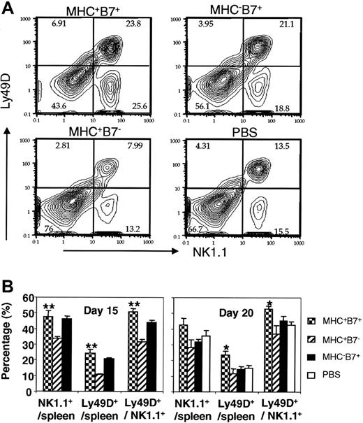 Figure 5. The effect of tumor expression of MHC class I and B7-1 on the proportion of Ly49D+ NK cells in the spleen on days 15 and 20 after tumor cell challenge. (A) Representative FACS profiles of NK1.1+ and Ly49D+ cells among total spleen cells isolated on day 20 after tumor cell inoculation. (B) Summary of NK cell subsets on days 15 and 20 after tumor cell inoculation. Data in left panels are means and SD of an experiment involving 4 (MHC+B7-) or 5 mice (MHC+B7+, MHC-B7+) per group. Data in the right panel are means and SE of 2 independent experiments. The number of mice are MHC+B7-(5), MHC+B7+ (8), MHC-B7+ (3), and PBS (4). *indicates P < .05; **, P < .01.