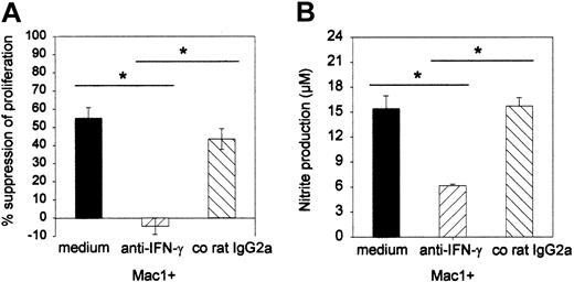 Figure 7. Influence of anti–IFN-γ antibody on the Mac1+-mediated suppressor activity and nitrite production in culture supernatant. Suppressor assays (as in Figure 5) were performed in the presence of anti–IFN-γ antibody (20 μg/mL) or irrelevant control IgG2a (20 μg/mL). (A) Effect of anti–IFN-γ on proliferation; results are expressed as percent suppression of proliferative activity that was detected in the absence of additional cell populations. (B) Effect of anti–IFN-γ on nitrite production in MLR culture supernatant. Bars represent means ± SEs of 8 individual animals tested in 2 independent identically designed experiments. (*P < .05 for comparison between groups, as tested by Kruskal-Wallis multiple comparison Z-test).