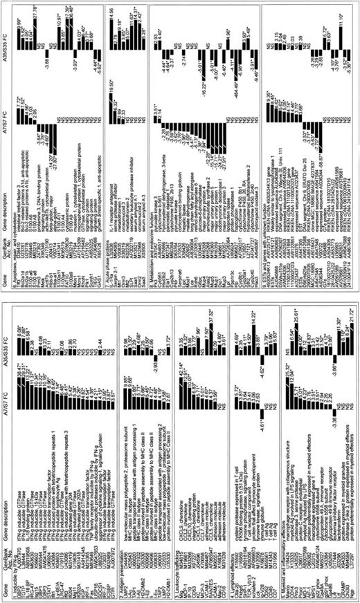 Figure 3. Differentially expressed genes after BMT. Recipient mice underwent transplantation and their livers were harvested on days 7 and 35 after BMT as described above. Total RNA was isolated from the harvested liver samples, and microarray analysis was performed using the mouse genome U74A Ver.1 Arrays oligonucleotide microarrays as described in “ Materials and methods. ” Allogeneic and syngeneic BMT samples were compared for the expression level of each gene at either day 7 or day 35. Those genes demonstrating the largest transcriptional alterations, a 3.5-fold change (FC) or greater, are shown (* P < .01).