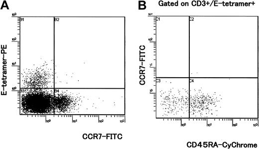 Figure 2. CCR7 and CD45RA expression on HLA-E tetramer–positive cells. PBMCs directly isolated from 5 HAM/TSP patients, 5 asymptomatic HTLV-1 carriers, and 5 healthy controls were stained by HLA-E tetramer, CD3, CCR7, and CD45RA mAbs. A representative experiment from one HAM/TSP patient is shown. (A) Cell surface marker analysis of HLA-E tetramer–positive cells with CCR7-FITC mAb. (B) Dot plots show expression of CCR7 and CD45RA in CD3+ cells that were HLA-E tetramer positive.