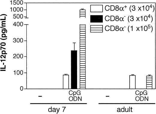 Figure 6. IL-12p70 production by neonatal CD8α- and CD8α+ DC subsets. Magnetically purified CD11chigh DCs from adult or 7-day-old BALB/c mice were sorted as CD8α- and CD8α+ DC subsets by flow cytometry (purity was > 99% for all DC subsets). The indicated cell number was stimulated with 10 μg/mL CpG-ODN or left untreated, and 24-hour supernatants were tested for IL-12p70 content by ELISA. Data are representative of 2 experiments.