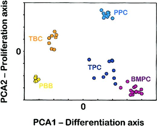 Figure 1. Unsupervised principal component analysis. PCA of the 1174 genes with the highest SD among the 49 samples. The separation of the 5 groups of samples was visualized on a 2-dimensional plot. The coordinates of each sample correspond to its principal component scores. PBB indicates peripheral blood B cells; TBC, tonsil B cells; TPC, tonsil plasma cells; BMPC, bone marrow plasma cells; PPC, polyclonal plasmablastic cells.