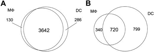 Figure 1. Transcriptional differences between DCs and Mϕs. The Venn diagrams illustrate transcriptional differences between DCs and Mϕs. (A) Number of genes expressed by either DCs or Mϕs alone, or by both cell types at baseline before pathogen exposure. (B) Number of genes altered by either DCs or Mϕs alone, or by both cell types upon pathogen exposure.
