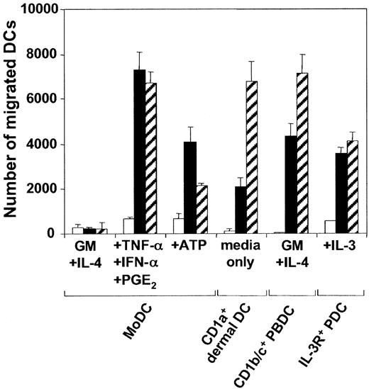 Figure 1. Migration of MoDCs, CD1a+ dermal DCs, CD1c+ PBDCs, and IL-3R+ PDCs to the chemokines CXCL12 and CCL21. Day 7 MoDCs were cultured for 24 hours in the absence or presence of 250 μM ATP or a combination of TNF-α, IFN-α, and PGE2. CD1c+ PBDCs or IL-3R+ PDCs were cultured overnight in the presence of GM-CSF and IL-4 or IL-3, respectively. Emigrant CD1a+ dermal DCs were harvested from cultured dermal sheets. Migration of DCs (104 DCs/well) toward chemokines was assessed in a transwell chemotaxis assay. Representative experiments of at least 4 different donors are shown (mean ± SEM of triplicates). □ indicates medium; ▪, CXCL12; and ▧, CCL21.