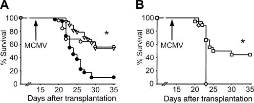 Figure 1. Congenic CLP cotransplantation protects against lethal MCMV infection. (A) Mice received transplants of 200 HSCs (•; n = 40, 10% survival) or 200 HSCs and 3000 CLPs (○; n = 25, 56% survival) or 200 HSCs and 107 unfractionated lymph node cells (▿; n = 37, 56% survival). The 3000 CLPs protected as well as 107 unfractionated lymph node cells against lethal MCMV infection after congenic HSC transplantation (*P < .0001 for both, ○ versus • and ▿ versus). (B) Mice that received transplants of 200 HSCs and 1000 CLPs (□; n = 19, 44% survival) were protected against lethal MCMV infection, whereas mice that received transplants of 200 HSCs and 500 CLPs (⋄; n = 9, 0% survival) were not (*P = .005).