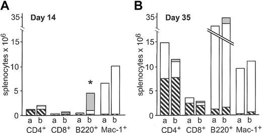 Figure 2. Absolute counts of splenocyte subsets after congenic transplantation. Absolute counts of splenic subsets after transplantation of 200 HSCs (bar a) or 200 HSCs and 3000 CLPs (bar b) on day 14 (A, n = 5) and day 35 (B, n = 12) after transplantation. ▧ indicates residual host cells; □, HSC-derived cells; and ▦, CLP-derived cells. Data represent mean values. On day 14, CLP-derived B220+ cells accounted for the significantly higher number of total B220+ cells (*P = .007).