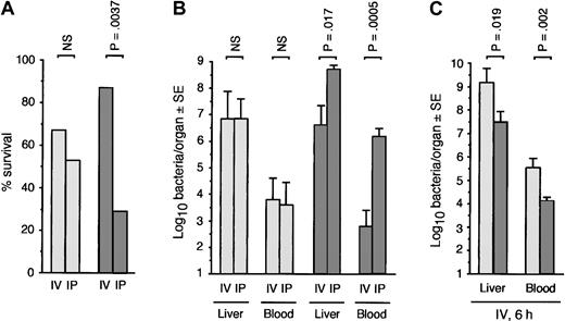 Figure 4. PGRP-S-/- mice are more resistant to intravenous than intraperitoneal infection with B subtilis PGRP-S+/+ (light gray bars) or PGRP-S-/- (dark gray bars) mice were injected intraperitoneally or intravenously with B subtilis, 4 × 109 (A, n = 16/group), or 2 × 109 (B-C, n = 8/group). Survival at 48 hours (A) was compared using the Chi-square test (no additional deaths occurred after that time). Bacterial loads in tissue fluids and organs at 30 hours (B) or 6 hours (C) after challenge were determined, and the significance of differences was calculated using the Mann-Whitney U test.