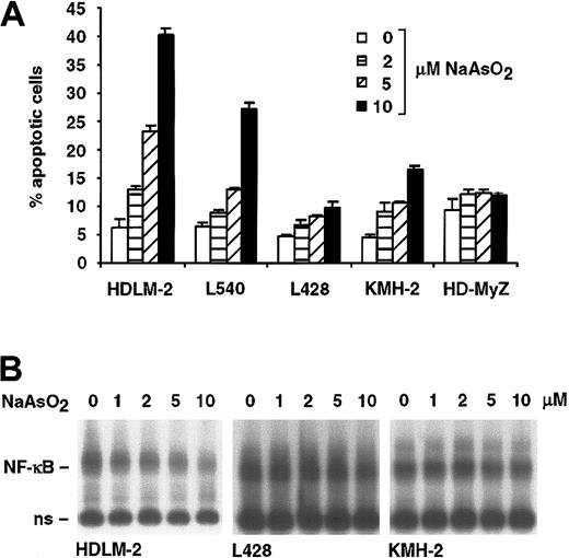 Figure 4. Induction of apoptosis by NaAsO2 correlates with the inhibition of NF-κB.(A) The indicated cell lines were incubated for 24 hours with PBS (□)or 2(▦), 5 (▨), and 10 (▪) μM NaAsO2. The percentage of apoptotic cells was determined by FACS analysis of annexin V+ cells. Error bars denote SDs. (B) The cell lines HDLM-2, L428, and KMH-2 were treated for 24 hours with the indicated concentrations of NaAsO2. Whole cell extracts were analyzed by EMSA for NF-κB DNA binding activity. Free DNA probe is not shown; n.s. indicates nonspecific.