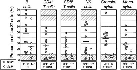 Figure 6. E12.5 Sp3-deficient fetal liver cells show reduced in vivo hematopoietic reconstitution. Analysis of the peripheral blood for lacZ-expressing cells at 6 weeks after transplantation in the indicated cell lineages in peripheral blood from mice that received Sp3+/- (•) or Sp3-/- (○) fetal liver cells. The mean number of injected cells per recipient was 2.6 × 105 (0.41 ± 0.17 embryo equivalents) for Sp3+/- fetal liver cells and 2.1 × 105 (0.58 ± 0.13 embryo equivalents) for Sp3-/- fetal liver cells. Fetal liver cells from 10 of 11 Sp3+/- embryos and 4 of 7 Sp3+/- embryos were transplanted into 2 mice, and in these cases the symbols show the average values in the 2 mice. In the other cases, the symbols represent the values in individual mice. Only recipients with more than 10% lacZ+ cells are considered positive. For comparison, the proportions of lacZ expression in 3-month-old Sp3+/- heterozygous mice are indicated (approximately 70% in T and NK cells, approximately 80% in monocytes, and approximately 90% in B cells and granulocytes, values that would therefore reflect 100% engraftment).