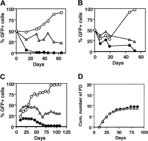 Figure 2. Dominant-negative hTERT-transduced T cells disappear early from bulk cultures. (A) Human polyclonal CD4+ T cells transduced with either DN-hTERT (Asp868Ala, Asp869Ala)–GFP (•), hTERT-GFP (○), or control GFP (▵) were mixed with untransduced cells in a 50%:50% ratio and cultured in parallel for 53 days to determine the lifespan compared with the untransduced T cells. The graph shows the percentage of GFP-positive cells during the culture. Results are representative of 3 experiments. (B) CD8+ T-cell clone transduced and cultured as described in panel A. Results are representative of 2 experiments. (C) CD4+ T-cell clone MoT-72 was transduced with either DN-hTERT (Asp712Ala, Val713Ile)–GFP (•), hTERT-GFP (○), or control GFP (▵), and the percentage of GFP-positive cells was measured weekly during the culture. The graph shows the percentage GFP-positive cells during the culture. Transduction efficiencies at the onset of the cultures were as follows: hTERT-GFP, 20%; GFP control, 35%; and DN-hTERT–GFP, 15%. Results are representative of experiments with 6 different CD4+ T-cell clones. Panels A-C show that in both CD4+ and CD8+ T-cell cultures, ectopic expression of DN-hTERT decreased the lifespan compared with untransduced T cells. (D) Cumulative number of population doublings of the untransduced GFP-negative cells in the mixed culture containing DN-hTERT (•) or GFP-transduced T cells (▵). The graph shows that the untransduced T cells were growing equally well in both mixed cultures, indicating that the decrease in percentage DN-hTERT–GFP–expressing T cells in DN-hTERT-GFP–transduced cultures was not due to an enhanced proliferation of the untransduced T cells compared with untransduced T cells in the control GFP-transduced cultures.