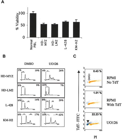 Figure 3. Effect of MEK inhibition on HD cell line viability. (A) Normal peripheral blood lymphocytes (PBLs) and HD cell lines were incubated with UO126 (25 μM) for 48 hours; UO126 had no significant effect on PBLs compared with DMSO alone, while it reduced the number of viable cells of all 4 HD cell lines by 30% to 50%. (B) With the use of the PI staining method, the antiproliferative effect of UO126 (25 μM for 48 hours) was found to be due to either cell-cycle arrest at the G2M phase (percentages shown in the right upper area) or induction of apoptosis (percentages shown in the left upper area). The apoptotic activity of UO126 was most prominent in the HD-LM2, and to a lesser extent, the KM-H2 cell lines. Cell-cycle arrest at the G2M phase was most prominent in the HD-MYZ, L-428, and KM-H2 cell lines. Data shown are representative of 3 independent experiments. Histogram analysis and statistics were generated by using Cellquest software. (C) Induction of apoptosis by UO126 in HD-LM2 cells was confirmed by dual staining with PI and TUNEL. Apoptotic cells are shown in the sub-G0 area (arrowhead), and the percentage of apoptotic cells is shown. The upper 2 boxes show data with RPMI with and without terminal deoxynucleotidyl transferase (TdT). The lower panel shows results obtained after incubation with UO126 for 48 hours.