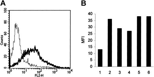 Figure 4. FGFR-1 expression by HCs. Receptor levels were measured by FACS using a triple-layer technique involving a mAb against FGFR-1, biotinylated antimouse antibody, and streptavidin-phycoerythrin (—). In all 6 cases, HCs were positively stained compared with the class-specific (IgG1) control (- - - -; representative result shown in panel A). Panel B shows the extent of positivity expressed as the mean fluorescence intensity (MFI) of the reactive cells.