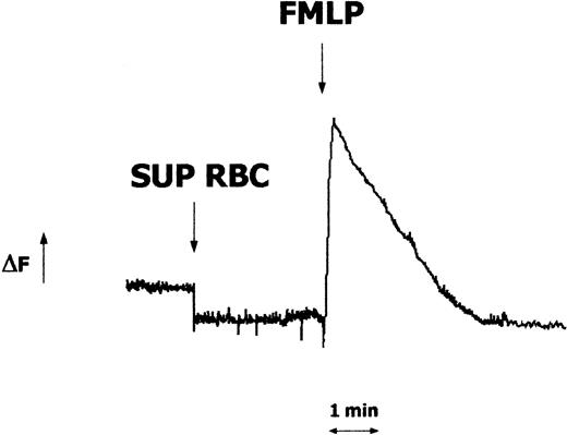 Figure 3. Effects of FMLP and RBC supernatants on the intracellular calcium levels in human neutrophils. Neutrophils (2.5 × 106) were loaded with Fura-2 AM, and fluorescence changes (ΔF) were monitored before and after exposure to RBC supernatant (1:1 × 105, vol/vol dilution) or FMLP (10 nM). Downward arrow indicates the stimulus addition. Results represent 1 of 3 experiments that yielded similar results.