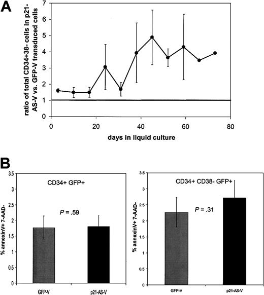 Figure 5. p21-antisense increases the relative abundance of CD34+38– cells (in transduced CD34+ cord blood cells without alteration in apoptotic rate). CD34+ cord blood cells were transduced with p21-antisense (p21-AS-V) or the control vector (GFP-V) and maintained in culture. (A) The ratio of total CD34+38– cells in the p21-AS-V versus control over time is shown. Horizontal line indicates equivalence. (B) Apoptosis assays were performed 4 days following transduction using AnnexinV and 7-AAD. Chart shows the percentage of AnnexinV-positive cells in the CD34+GFP+7AAD– subpopulation (n = 13) (left chart) and in the CD34+38– GFP+7AAD– subpopulation (right chart).