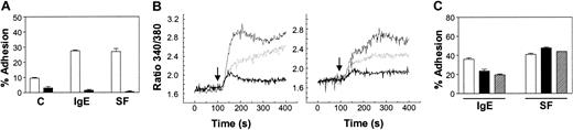 Figure 4. IgE, but not SF, requires the entry of extracellular calcium to trigger BMMC adhesion to FN. (A) Adhesion of normal BMMCs to FN in response to medium alone (C), 1 μg/mL IgE, or 5 ng/mL SF for 30 minutes with (□) or without (▪) the addition of 1.8 mM CaCl2. (B) Intracellular calcium measurements in BMMCs stimulated with 5 μg/mL IgE (thin solid line; left panel) or 50 ng/mL SF (thin solid line; right panel) alone, or in the presence of 50 μM 2-APB (dashed line) or 5 mM EGTA (thick solid line). The 2-APB was pre-incubated with the cells for 30 minutes, whereas the EGTA was added immediately prior to the addition of IgE or SF at 100 seconds (↓). (C) Adhesion of BMMCs to FN in response to 1 μg/mL IgE or 5 ng/mL SF for 30 minutes in the presence of vehicle control (□), 25 μM (▪), or 50 μM (▨) 2-APB added 30 minutes prior to stimulation. The background adhesion (6%) was subtracted. Adhesion was significantly (P < .05) different between IgE- and IgE + 2-APB–stimulated, but not SF- and SF + 2-APB–stimulated samples. Results shown are the mean ± SEM of triplicate determinations. Similar results were obtained in 3 (A), 3 (B), and 3 (C) separate experiments.