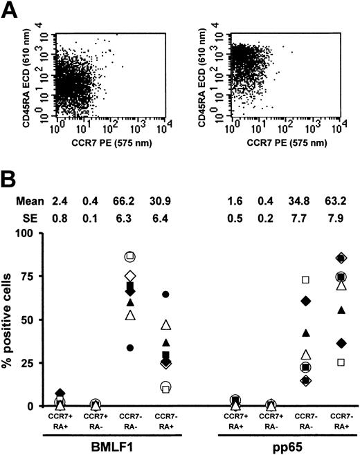 Figure 7. CD45RA and CCR7 coexpression by BMLF1- and pp65-specific CD8+ T cells. (A) Representative profiles of CD45RA and CCR7 coexpression by BMLF1 tetramer+ (left panel) and pp65 tetramer+ (right panel) CD8+ cells. (B) Percentage of CD45RA+CCR7+, CD45RA–CCR7+, CD45RA–CCR7–, and CD45RA+CCR7– cells among BMLF1- and pp65-specific CD8+ T cells from 8 EBV- and CMV-seropositive HLA-A2 donors.