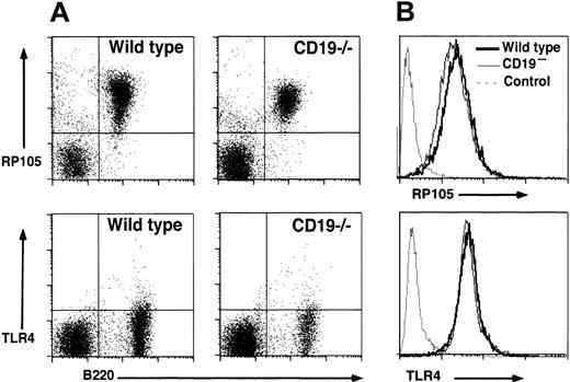 Figure 2. RP105 and TLR4/MD-2 expression in splenocytes and A20 cell lines. (A) Splenocytes from wild-type and CD19–/– mice were examined by 2-color immunofluorescence staining with flow cytometry analysis. Quadrant gates indicate negative and positive populations of cells as determined using isotype-matched unreactive control mAbs. These results are representative of those obtained with four to seven 2-month-old mice of each genotype. (B) RP105 and TLR4/MD-2 expression by parental A20 (bold line) and CD19– A20 cells (thin line). Cell surface molecule expression was detected with flow cytometry analysis. Immunofluorescence staining with an unreactive, isotype-matched, control mAbs is also shown (dashed line). These results are representative of those obtained in 4 experiments.