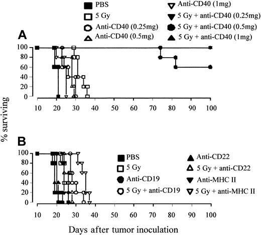 Figure 2. Long-term protection can be achieved with anti-CD40 but not other mAb specificities. (A) Groups of 5 age-matched CBA mice were inoculated with 106 A31 tumor cells intravenously on day 0 and were treated with 5 Gy TBI (as before), together with 0.25, 0.5, or 1 mg anti-CD40 mAb intravenously. Control animals received PBS. Treatment was as indicated. (B) Groups of 5 CBA mice were inoculated with A31 as before and treated with combinations of 5 Gy TBI with or without mAb to a panel of B-cell markers (CD19, CD22, MHC II as indicated; all 1 mg intravenously). All animals were fed acidified water substituted with neomycin sulfate as before. Survival was recorded daily. When given in combination with TBI, long-term protection can be achieved with anti-CD40 mAb (but not other mAb specificities) at doses that are nontherapeutic when given as a single agent. Similar data were obtained in at least 2 independent experiments.