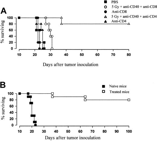 Figure 8. Depletion of CD8 T cells by mAb completely abrogates the therapeutic effect of combination therapy. (A) Groups of 5 age-matched BALB/c mice were inoculated with 106 BCL1 tumor cells intravenously on day 0 and were treated with 5 Gy TBI and anti-CD40 mAb (100 μg intravenously, day 15) as before. To deplete CD8+ or CD4+ T cells, mice received anti-CD8 (YTS169; 0.5 mg) or anti-CD4 (YTA1.3.2; 1 mg) mAb, respectively, intraperitoneally 1 day prior to treatment and again 2, 5, and 8 days after treatment. Treatment was as indicated. Survival was recorded daily. Depletion of CD4 T cells did not affect the degree of protection over controls, with 80% remaining disease free over day 80. Depletion of CD8 T cells caused the therapeutic effect to be completely abrogated. Similar results were obtained in at least 3 separate experiments. (B) Naive or 5 Gy plus anti-CD40–treated mice (day 35 to 40 after treatment) were injected with 106 fresh BCL1 cells intravenously. While naive animals succumbed to disease, previously “cured” animals were resistant to lymphoma challenge and remained disease free (more than 100 days).