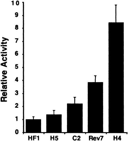 Figure 1. Rat vitamin K–dependent carboxylase promoter activity in differentiated and dedifferentiated rat hepatoma cell lines. The different cell lines are indicated below the figure. Rev7 indicates C2-Rev7; H4, H4IIEC3. The average activities shown are relative to that measured in the dedifferentiated HF1 cell line variant, n = 3. Error bars indicate SD.