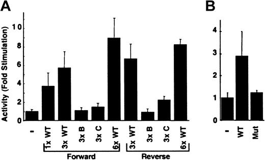 Figure 6. Transactivation mediated by the 12-bp enhancer is copy number dependent and orientation independent. (A) The double-stranded oligonucleotide, its copy number and orientation (forward, reverse) with respect to the minimal promoter in RCBX64 (–) is indicated. The average activity of each reporter plasmid in H4IIEC3 cells relative to that of RCBX64 is shown, n = 3. Error bars indicate SD. (B) The effect of the 12-bp sequence on a heterologous viral promoter in H4IIEC3 cells was analyzed. WT indicates 1 copy of the wild type 12-bp sequence in the forward direction; Mut, 1 copy of mutant oligonucleotide B in the forward orientation. The average activities of these reporter plasmids are shown relative to that of the parental minimal SV40 viral promoter vector (–), n = 3.