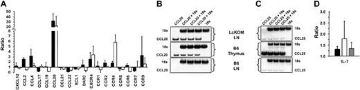 Figure 4. Expression of chemokines, chemokine receptors, and IL-7 in the LckOM LN. Expression of 10 chemokines, 9 chemokine receptors, and IL-7 was assessed by semiquantitative RT-PCR done in triplicate in at least 3 independent experiments. The level of cDNA of interest relative to the level of 18S was estimated in the thymus and mesenteric LNs of B6 mice and in the mesenteric LNs of LckOM mice (12 weeks of age). (A) For 9 chemokine and 9 chemokine receptor genes, results are depicted in a histogram as the mean ± SD. Expression level in B6 LNs was arbitrarily defined as 1 and the relative expression in B6 thymus and LckOM LN is depicted as B6 thymus/B6 LN and LckOM LN/B6 LN ratios, respectively. Phosphoimagery of (B) CCL20 and (C) CCL25 expression. (D) Expression of IL-7. In panels A and D, ▪ indicates LckOM LN/B6 LN; □, B6 thymus/B6 LN; and ▦, LckOM spleen/B6 spleen.