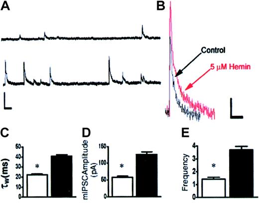 Figure 2. Hemin enhances synaptic inhibition in cultured mouse cortical neurons. (A) Spontaneous mIPSCs from an individual neuron in the presence (bottom trace) and absence (top trace) of 5 μM hemin. Scale bar, 25 pA and 1 s. (B) Superimposed mIPSC averages from single neurons (10 events), control (black), and 5 μM hemin (red). Scale bar, 10 pA and 40 ms. (C) mIPSCs are prolonged (τw)by 5 μM hemin (▪) (*P < .01). (D) Hemin (▪) increases the amplitude of mIPSCs (*P < .01). (E) Hemin (▪) increases the frequency of mIPSCs (*P < .01). □ indicates control.