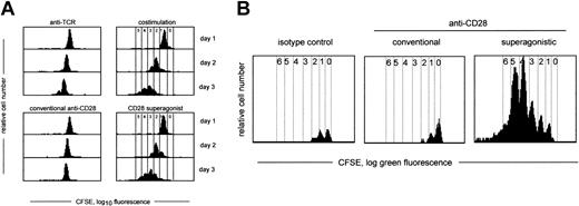 Figure 1. Mitogenic activity of conventional and superagonistic anti-CD28 mAb. (A) In vitro proliferation of CFSE-labeled rat lymph node T cells induced by TCR stimulation alone, TCR plus CD28 costimulation, or by conventional or superagonistic CD28–specific mAb alone. (B) Cell divisions in transferred CFSE-labeled T cells after intravenous injection of conventional or superagonistic CD28–specific mAbs. Numbers indicate cell divisions of boxed populations.