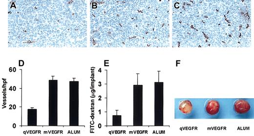 Figure 7. Inhibition of angiogenesis within tumor from qVEGFR-immunized mice was estimated by immunohistochemical analysis and alginate encapsulation assay. Sections of frozen LL/2 tumor tissues obtained from mice immunized with qVEGFR (A), mVEGFR (B), and ALUM (C). Vessel density was determined by counting the number of the microvessels per high-power field (D) in tumor sections stained with Peroxidase-DAB, an antibody reactive to CD31 (brown). Original magnification, × 200 (A-C) Alginate beads containing 1 × 105 Meth A cells were implanted subcutaneously into BALB/c mice on day 7 after the fourth immunization. Twelve days later, beads were surgically removed, and FITC-dextran was quantified as described in “Materials and methods.” FITC-dextran uptake (E) and photograph of alginate implants (F) showed the reduction of vascularization in implants of qVEGFR-immunized mice.