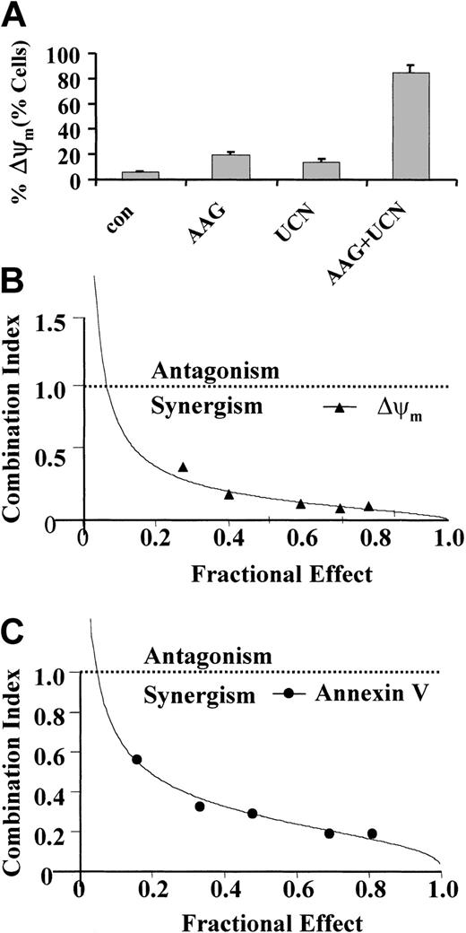 Figure 3. Loss of MMP. (A) U937 cells were exposed to 400 nM 17-AAG with or without 75 nM UCN-01 for 30 hours, after which the loss of MMP (Δψm) was determined by monitoring uptake of DiOC6 by flow cytometry as described in “Materials and methods.” Values represent the means ± SD for 3 separate experiments performed in triplicate. (B-C) U937 cells were exposed to varying concentration of UCN-01 and 17-AAG at a fixed ratio (1:5) for 30 hours, after which loss of MMP (Δψm) and the extent of apoptosis determined by monitoring DiOC6 uptake and annexin V/PI staining, respectively. Combination index values for each fraction affected were determined using commercially available software (Calcusyn; Biosoft). Combination index values less than 1.0 correspond to synergistic interactions.