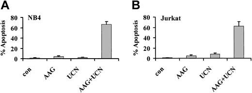 Figure 4. Exposure of human leukemia cell lines to 17-AAG and UCN-01. Human leukemia cell lines were exposed to 17-AAG with or without UCN-01 for 24 or 48 hours, after which the extent of apoptosis was determined by morphologic analysis of Wright-Giemsa–stained cytospin preparations as described in “Materials and methods.” (A) NB4 promyelocytic leukemia cells were exposed to 50 nM UCN-01 with or without 300 nM 17-AAG for 24 hours; (B) Jurkat lymphoblastic leukemia cells were exposed to 75 nM UCN-01 with or without 1.5 μM 17-AAG for 48 hours. In each case, values represent the means ± SD for 3 separate experiments performed in triplicate.