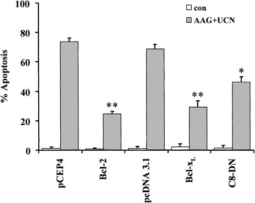 Figure 6. Percentages of apoptotic cells. U937 cells ectopically expressing Bcl-2, Bcl-xL, or dominant-negative caspase-8 (C8-DN), as well as their respective empty vector controls (pCEP4 for Bcl-2; pcDNA 3.1 for Bcl-xL, C8-DN) were exposed to 400 nM 17-AAG and 75 nM UCN-01 for 30 hours, after which the percentage of apoptotic cells was determined as described in “Materials and methods.” *Significantly less than values for empty vector controls; P > .05; **P < .005. Values represent the means ± SDs for 3 separate experiments performed in triplicate.