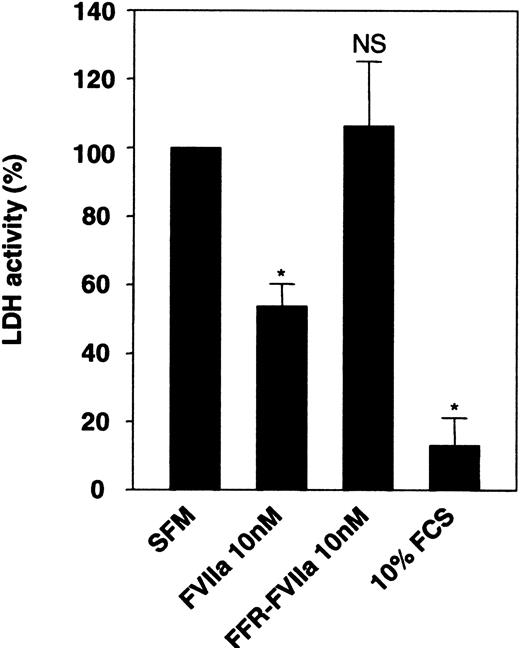 Figure 1. Effect of FVIIa on cell viability. Monolayers of BHK(+TF) cells cultured to 80% confluency were incubated for 24 hours in serum-free medium (SFM) alone or SFM supplemented with FCS (10% vol/vol), FVIIa (10 nM), or FFR-FVIIa (10 nM). At the end of 24 hours, the overlying conditioned medium was removed and assayed for LDH activity. LDH activity obtained with SFM was set to 100%. Data are presented as mean ± SD (n = 3). Statistically significant differences from the value obtained in SFM are indicated by an asterisk (P < .001). NS indicates no statistically significant difference.