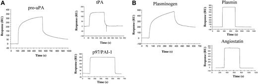 Figure 3. Molecular interactions of p97 and various components of the PA:plasmin system. (A) Pro-uPA and tPA (0.05 μg/μL), diluted in Ringer-HEPES, were injected onto immobilized p97 on a sensor chip at a flow rate of 5 μL/min. The SPR response for these proteins was plotted in RU as a function of time. p97 (0.05 μg/μL) was also injected over immobilized PAI-1 (p97/PAI-1). (B) Plasminogen, plasmin, or angiostatin (0.05 μg/μL) was injected onto immobilized p97. The SPR response for these proteins was plotted in RU as a function of time. The results indicate that pro-uPA and plasminogen interact with p97. After each injection the sensor chip surface with immobilized p97 was regenerated by injecting 10 mM glycine, pH 2.2, for 2 minutes.