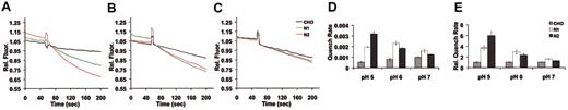 Figure 5. pH-dependence of metal transport by Nramp1HA and Nramp2HA expressed in CHO transfectants. CHO control cells along with Nramp1HA (N1-94) and Nramp2HA (N2-310a) expressing CHO transfectants were loaded with Fura2-AM, and the quenching of intracellular Fura2 fluorescence by extracellular Mn2+ ions was determined as described in “Materials and methods” and in the legend to Figure 4. Transport was conducted in buffer systems adjusted to pH 5, 6, or 7. Data were collected (0.5-second intervals) for 200 seconds. Typical fluorescence quenching traces for each cell line are shown for pH 5.0 (A), 6.0 (B), and 7.0 (C). The average rate (with standard errors) of Nramp1/2-dependent Fura2 quenching by Mn2+ was calculated at each pH from the initial slope of 3-5 independent quenching curves (D). These rate data are also expressed relative to background metal uptake in CHO-negative controls (E). The means of normalized quenching rates (E) of Nramp1/2HA transfectants were statistically different than those of CHO controls at pH 5, pH 6 (P < .0005), and pH 7.0 (P = .0015 and P = .015, respectively) as determined using the Student t test. The normalized mean of Nramp1HA transport (E) at pH 5 was not statistically different than that of its transport at pH 6 (P = .1). However, the normalized means of Nramp1HA transport (E) at both pH 5 (P = .0006) and pH 6 (P = .015) were significantly different than that of its transport at pH 7.0. The mean of normalized Nramp2HA transport (E) at pH 5 was statistically different than those of its transport at pH 6.0 and 7.0 (P < .0001). Likewise, the mean of Nramp2HA transport (E) at pH 6.0 was statistically different than that of its transport at pH 7.0 (P = .012).