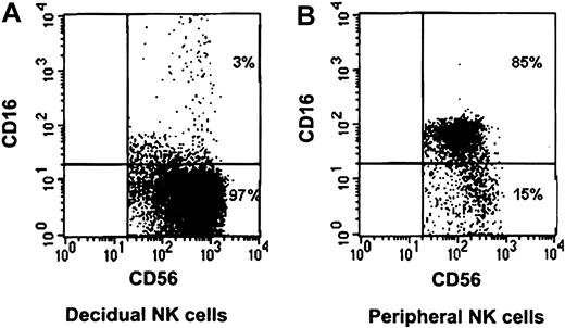 Figure 1. CD16 characterization of decidual and peripheral NK cells. Freshly isolated peripheral and decidual lymphocytes were quadruple-stained as described in “Materials and methods.” NK cells were gated on the basis of the expression of CD56 and the lack of CD3 expression. Staining of decidual NK cells (A) and peripheral NK cells (B) is presented. The percentages of various populations, positive or negative, for CD16 expression are indicated. One representative staining is shown of 5 performed.
