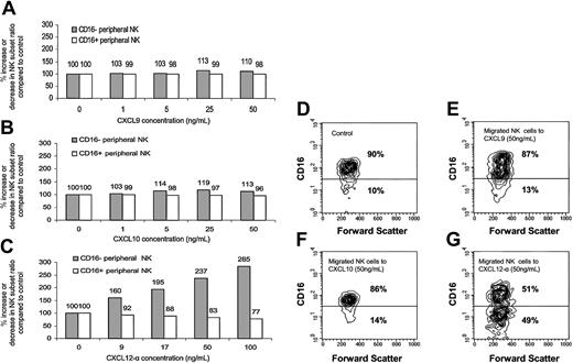 Figure 5. Enrichment of the CD16– subset in the migrated peripheral NK cells to CXCL12-α. The presence of the various NK populations in the migrated NK cells presented in Figure 4 was analyzed by quadruple staining. The percentage of increase or decrease of the CD16– or CD16+ subsets was calculated with regard to the starting point when no chemokine was present (100%). Migration was performed to CXCL9 (A), CXCL10 (B), and CXCL12-α (C). (D-G) Contour histogram of the CD16 phenotype of the migrated NK cells to CXCL9 (E), CXCL10 (F), and CXCL12-α (G). Control (D) represents the spontaneous migration when no chemokine was added. The percentages of CD16– and CD16+ subsets in the NK cells that spontaneously migrated when no chemokine was present were similar to those observed in the peripheral blood. Figure shows 1 representative experiment of 3 performed.