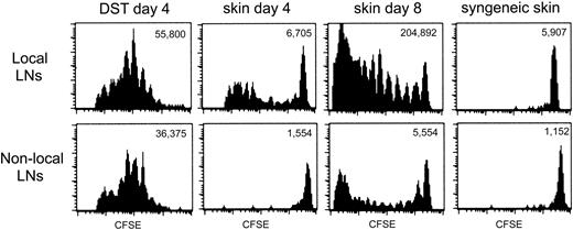 Figure 4. The allogeneic response of TEa Tg T cells to DST and skin is temporally and spatially separated. CFSE-labeled Tg TEa T cells were adoptively transferred into RAG–/– recipients together with CB6F1 DST, CB6F1 skin, or syngeneic skin as a negative control for proliferation. At days 4 and 8, cells from draining and nondraining LNs were harvested and CFSE dilution of the TEa Tg T cells was analyzed by flow cytometry. Total number of TEa Tg T cells/LNs is shown for each group.