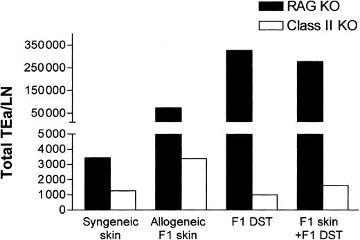 Figure 6. Direct presentation of alloantigens in class II KO recipients is unable to induce systemic expansion of Tg TEa cells. TEa Tg T cells (1 × 106) were adoptively transferred into C57BL/6 RAG–/– or class II KO recipients (n = 3 per group) in the presence of CB6F1 skin alone or together with CB6F1 DST. After 7 days in vivo, lymph nodes were collected and the total number of Tg TEa cells per LN were quantified as previously described.