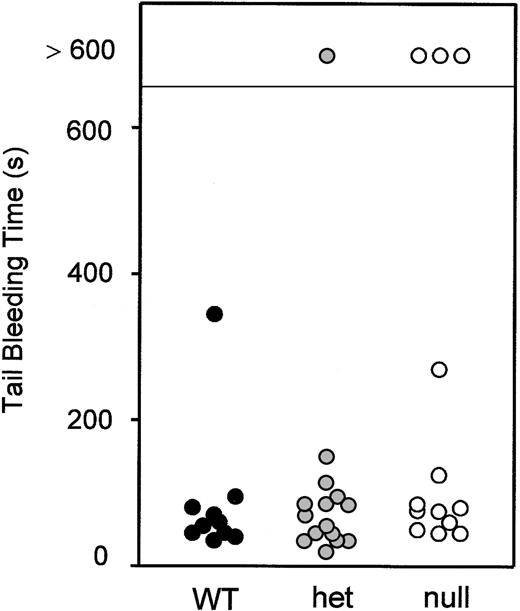 Figure 4. Tail bleeding time assays. Littermates from GP VIhet × GP VIhet crosses were subjected to tail bleeding assays. A 2- to 3-mm portion of distal tail was removed from 5-week-old animals and the cessation of bleeding time was recorded. Following a determination of the bleeding time, genotype analysis was performed and the data are presented correlating the bleeding time with the genotype. Data obtained from individual animals are shown.