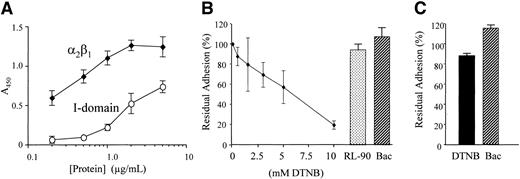 Figure 6. Binding of α2β1 and I domain to GFOGER: effect of thiol blocking and of inhibition of disulfide exchange and PDI. (A) Adhesion to GFOGER-GPP of purified α2β1 or recombinant I domain was measured using a monoclonal antibody to α2 integrin I domain as described in “Methods.” Data are mean absorbance (± SD) of 4 experiments, each performed in triplicate. (B) The α2β1 from human platelets was biotinylated then incubated with increasing concentrations of DTNB, 30 mM bacitracin (Bac), or RL-90, as in Figure 4, and allowed to adhere to immobilized GFOGER-GPP as described in “Methods.” Adhesion was measured using HRP-linked streptavidin and data shown are mean ± SD from 3 experiments, each performed in triplicate. Residual adhesion is expressed relative to untreated controls. (C) Recombinant α2 I domain was incubated with 10 mM DTNB or 30 mM bacitracin (Bac), allowed to adhere to immobilized GFOGER-GPP, and estimated using anti-GST as described in “Methods.” Data are mean ± SD from 3 experiments each performed in triplicate concomitantly with panel A. Residual adhesion is expressed relative to untreated controls.