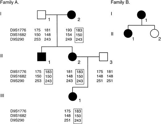 Figure 1. Family trees. Filled symbols indicate affected individuals; open symbols, not affected. For family A, mapping scores for probes D9S1776, D9S1682, and D9S290 are shown for each individual. Each affected individual has inherited the same haplotype for these markers spanning the stomatin locus.