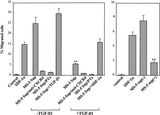 Figure 3. Cell chemotaxis to supernatants from untreated and TGF-β 1–treated MS-5 cells. (Left) NCI-H929 cells were preincubated with anti-CXCR4 antibodies, Ptx, or adhesion medium alone and were allowed to migrate to lower chambers containing supernatants from MS-5 cells treated with or without TGF-β 1 (+ TGF-β 1 and –TGF-β 1, respectively). To some conditions, TGF-β 1 or SDF-1α was added to the medium (MS-5 Sup/+ TGF-β 1 or MS-5 Sup/+ SDF-1α, respectively). (Right) Mo7e cells were subjected to chemotaxis to supernatants from MS-5 cells incubated in the absence (–) or in the presence (+) of TGF-β 1. Also shown is cell chemotaxis to recombinant SDF-1α (100 ng/mL) compared with the chemotaxis to adhesion medium (control). Data represent the means ± SDs of duplicate samples from a representative result of 4 (left) and 3 (right) experiments. Reduction in chemotaxis was significant (**P < .005), according to Student 2-tailed t test.
