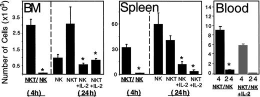 Figure 6. The homing and accumulation of IL-2–activated NK and NK T cells to the BM and spleen is significantly reduced. The number of untreated or IL-2 (1000 IU/mL)–treated NK and NK T cells in the BM and spleen of NOD/SCID mice 4 and 24 hours after transplantation is shown, along with the number of untreated or IL-2 (1000 IU/mL)–treated CD56+ cells in the blood of these mice. The results represent the average of 3 independent experiments ± SE. *P < .05.