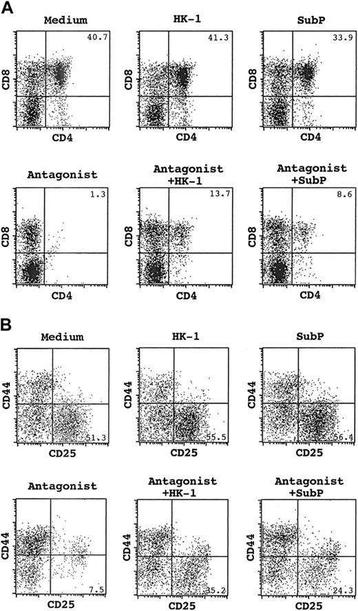 Figure 2. FACS analysis of cells recovered from FTOCs under various conditions. (A) CD4/CD8 staining of total thymocytes. The number at the top-right corner indicates the percentage of CD4+CD8+ cells. (B) CD25/CD44 staining of CD4–CD8– population. The number at the bottom right indicates the percentage of CD25+CD44– DN3 cells.