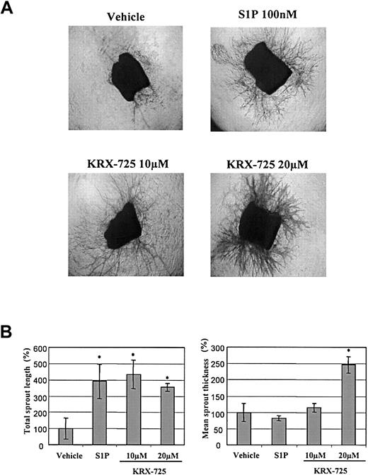 Figure 4. The effect of KRX-725 and S1P on aortic ring sprouting. (A) Aortic rings from C57BL/6 mice embedded in collagen matrix were exposed to KRX-725 (10 and 20 μM), S1P (100 nM), and vehicle (0.1% DMSO) for 9 days. The rings were then fixed and stained with crystal violet (0.02%) to illustrate sprouting. Representative micrographs of each arm of the experiment are shown. Micrographs were taken under × 4 objective. (B) Statistical morphometric analysis of the sprout length and thickness of 4 repeats from panel A. Mean ± SEM is presented relative to the control rings (100%), treated with vehicle. * indicates statistical significance (P < .05, Wilcoxon test) of treatment versus control.